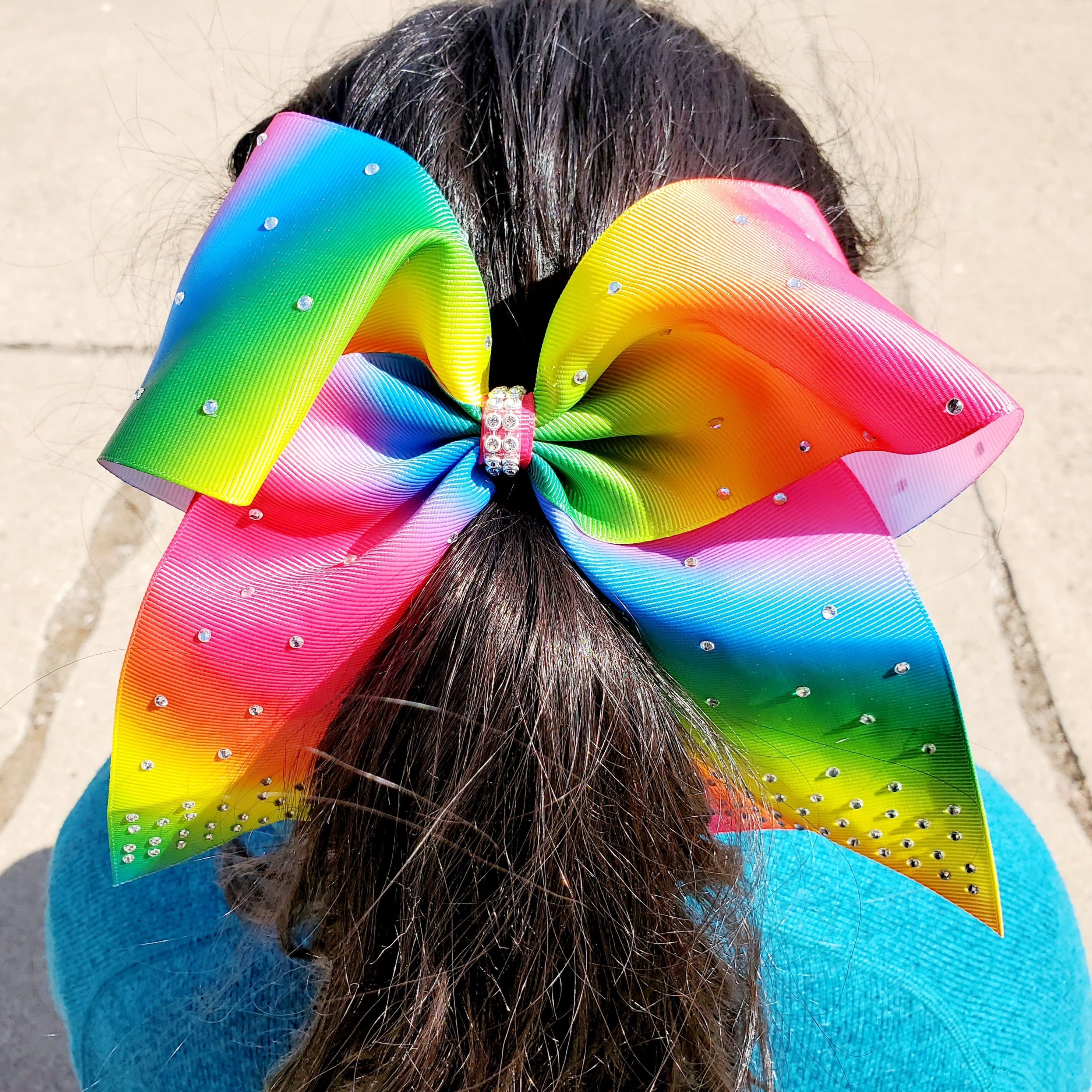 Cheer Rainbow + clear stones  Bow for Girls 7"